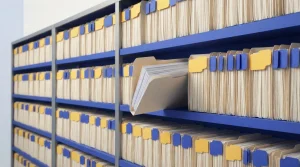 Geordnete Aktenordner auf einem offenen Archivregal in einer ruhigen Arbeitsumgebung