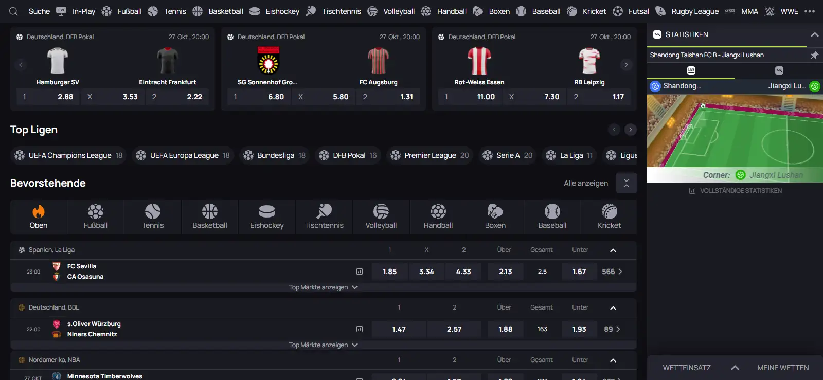 Sportnavigation mit Spielauswahl und Wettmärkten in der BetandPlay-Sportlinie
