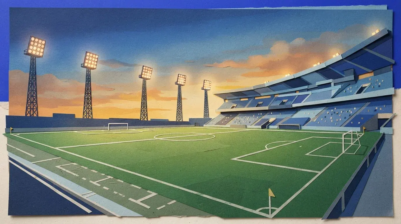 Fußballstadion unter hellen Flutlichtern am Abend