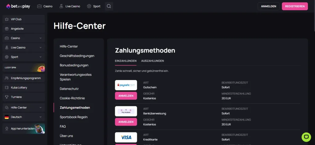 BetandPlay-Zahlungsübersicht mit Auszahlungswegen, Mindestwerten und Fristen